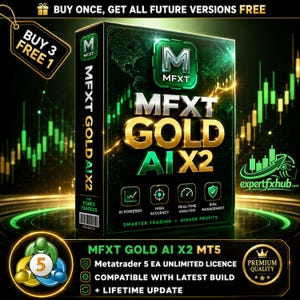 May include: A black rectangular software box labeled MFXT GOLD AI X2 with green and gold accents. The box features a metallic M logo, trading charts, and text including AI POWERED, HIGH ACCURACY, REAL-TIME ANALYSIS, and RISK MANAGEMENT.