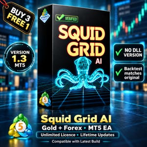 v1.3 Squid Grid AI MT5 EA Gold and Forex trading bot, MQL5 expert advisor, Algo trading, ftmo prop firm challenge, Expertfxhub