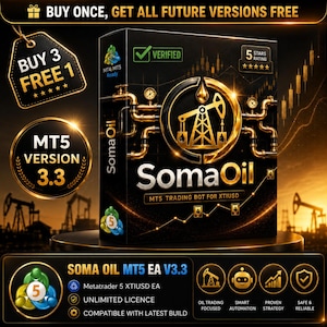 May include: A black rectangular box for SomaOil MT5 trading bot featuring a gold oil derrick graphic, pipe illustrations, and text including "Verified," "5 Stars Rating," "MT5 Version 3.3," and "Buy Once, Get All Future Versions Free."
