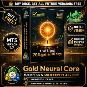 May include: A black rectangular box for Gold Neural Core Metatrader 5 Gold Expert Advisor software. The box features a glowing golden sphere, a silhouette of a person, and text including Live Signal: 70% gain in 30 days, MT4/MT5, and Verified.