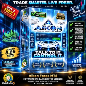 May include: A rectangular software box for Aikon AI Trading Operating System featuring a white sports car graphic, blue glowing light effects, and text including Trade Smarter, Live Freer, Talk To It, Control It, and MetaTrader 5 branding.