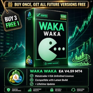 May include: A black rectangular software box labeled WAKA WAKA with a green Pac-Man style graphic. The box features text including MT4/MT5 READY, VERIFIED, and 5 STARS RATING. Below, a panel displays WAKA WAKA EA V4.59 MT4, Metatrader 4 EA Unlimited Licence, Compatible with Latest Build, and + Lifetime Update.