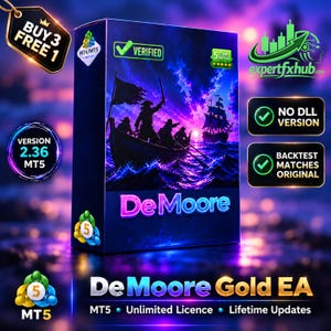 May include: A rectangular software box for De Moore Gold EA featuring a vibrant purple and blue illustration of a pirate ship at sea. The box displays text including Verified, 5 Stars Rating, No DLL Version, Backtest Matches Original, and MT5.