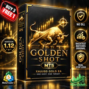 May include: A black rectangular box featuring a gold bull graphic, a target symbol, and candlestick charts. Text includes GOLDEN SHOT MT5, XAUUSD GOLD EA, ONE SHOT. ONE TARGET., VERSION 1.12, NO DLL, BACKTEST MATCHES ORIGINAL, REAL STOP LOSS, and BUY 3 FREE 1.