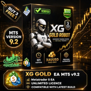 May include: A black rectangular box for the XG Gold Robot trading system featuring a white robotic figure, gold text, and icons for MT4/MT5, H1 timeframe, XAUUSD, and precision automation. The box displays a 5-star rating and 3-year warranty.