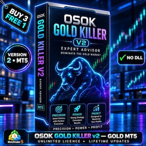 May include: A rectangular software box for OSOK Gold Killer V2 Expert Advisor for MT5. The black box features a glowing blue bull graphic, neon text, and icons for precision, power, and profit. It includes labels for no DLL, version 2, and buy 3 free 1.