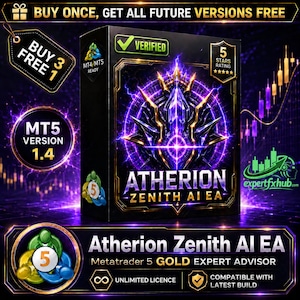 May include: A black rectangular box labeled Atherion Zenith AI EA with a central purple and gold crystal graphic. The box features text including MT5 VERSION 1.4, 5 STARS RATING, and VERIFIED. The design includes glowing purple lightning effects.