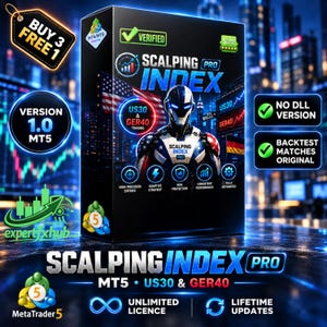 Puede incluir: Una caja de software rectangular negra para Scalping Index Pro MT5 con una figura blindada futurista, motivos de banderas estadounidense y alemana, y texto que incluye US30, GER40, Verified, No DLL Version y Backtest Matches Original.