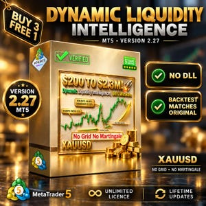 May include: A gold-coloured box labelled Dynamic Liquidity Intelligence MT5 Version 2.27 featuring a green stock market graph, gold coins, and text including $200 to $2.3M, 86% Win Rate, No Grid No Martingale, XAUUSD, No DLL, and Backtest Matches Original.