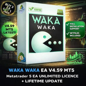 May include: A white rectangular software box featuring the text WAKA WAKA and a light blue circular character graphic. The box includes green badges labeled VERIFIED and 5 STARS RATING, along with MT4/MT5 and number 5 icons. Text includes V4.59 MT5 LATEST, FULL INSTALLATION SUPPORT, and SETFILES INCLUDED.