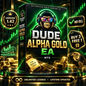 May include: A rectangular box for the Dude Alpha Gold EA automated trading software, featuring a gorilla wearing headphones and sunglasses, gold bars labeled Fine Gold 999.9, and text including Version 1.42, No DLL, Buy 3 Free 1, and Unlimited Licence.