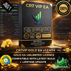 May include: A black box labeled CR7 VIP EA featuring a green and blue bar chart logo. The box displays text including 100% Automated Trading, 60 Day Money Back, and XAUUSD EA UNLIMITED LICENCE. Gold bars and currency are visible in the background.