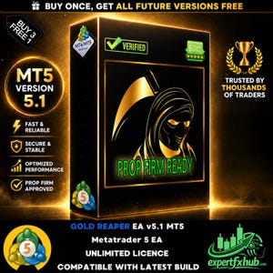 May include: A black rectangular software box labelled Gold Reaper EA v5.1 MT5 featuring a golden grim reaper graphic and the text PROP FIRM READY. The box displays MT5 VERSION 5.1, a verified checkmark, a five-star rating, and trading features.