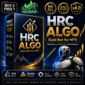 May include: A digital product box for HRC ALGO Gold Bot for MT5 featuring a futuristic robot, gold and silver text, and financial chart graphics. The box displays text including BUY 3 FREE 1, NO DLL, SETFILE INCLUDED, and v4.0 on a dark background.