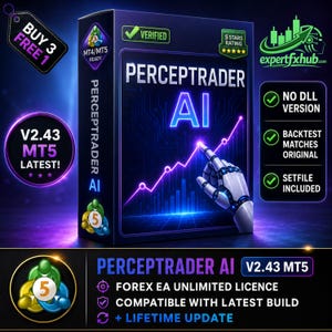 May include: A rectangular product box for Perceptrader AI software featuring a robotic hand pointing at a glowing purple upward trend line on a dark blue background. The box displays text including V2.43 MT5, MT4/MT5 Ready, and Verified.