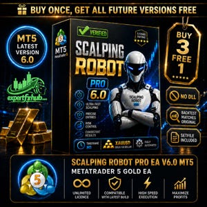 May include: A black product box for Scalping Robot Pro 6.0 featuring a white robotic figure, gold text, and MT5 branding. The box displays features like ultra fast scalping, precise entries, and risk control, alongside gold bars and various digital icons.