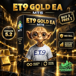 May include: A black product box labeled ET9 GOLD EA MT5 featuring a brown creature in a white shirt with E.T.9 printed on it. The box displays text including VERSION 5.2, BUY 3 FREE 1, NO DLL, BACKTEST MATCHES ORIGINAL, UNLIMITED LICENCE, and LIFETIME UPDATES.