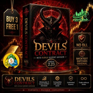 May include: A rectangular box labeled Devils Contract MT5 Gold Expert Advisor Version 2.23 featuring a dark horned figure. The display includes text such as Buy 3 Free 1, No DLL, Backtest Matches Original, and features icons for Metatrader 5.