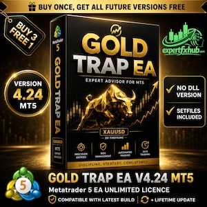 May include: A black rectangular software box labeled Gold Trap EA for MT5 featuring a gold bull graphic, XAUUSD, 5M timeframe, and text including Precision Entries, Risk Management, Automated Trading, 24/5 Trading, Discipline, Strategy, Consistency.