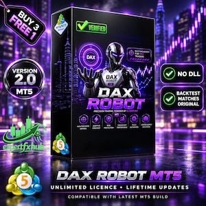 Może przedstawiać: Czarne prostokątne pudełko oprogramowania DAX Robot z postacią robota, fioletowym neonowym tłem miasta i tekstem "VERIFIED," "NO DLL," "VERSION 2.0," "BUY 3 FREE 1," oraz "UNLIMITED LICENCE" wraz z "LIFETIME UPDATES."