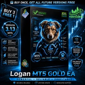 May include: A black rectangular software box for Logan MT5 Gold EA featuring a central illustration of a dog wearing futuristic gear. The design includes blue glowing accents, text labels like Verified Performance, 5 Stars Rating, and technical icons.