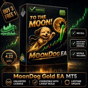 May include: A black rectangular software box labeled MoonDog EA featuring a cartoon puppy in a cape flying toward a golden moon. Text includes To The Moon, Verified, 5 Stars, No DLL, Backtest Matches Original, Setfile Included, and Version 4.22 MT5.