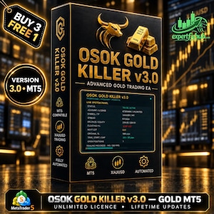May include: A black rectangular box for OSOK GOLD KILLER v3.0 advanced gold trading software. The box features a gold bull logo, gold bars, and a digital display panel showing live system status, MT5 compatibility, and automated trading details.