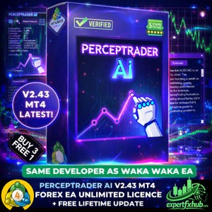 May include: A rectangular software box for Perceptrader AI featuring a neon blue and purple digital interface. The box displays a robotic hand pointing at a rising line graph, a verified badge, and text including V2.43 MT4 LATEST and BUY 3 FREE 1.