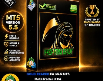 Può includere: Una scatola rettangolare nera con una grafica dorata di una figura incappucciata con una falce e il testo PROP FIRM READY. La scatola mostra MT5 VERSION 5.5, GOLD REAPER EA e vari badge tra cui VERIFIED, 5 STARS e loghi MT4/MT5.