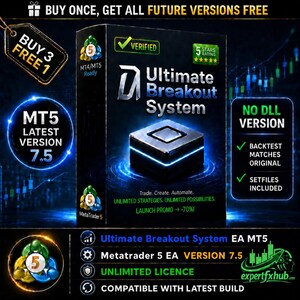 May include: A black box for the Ultimate Breakout System software featuring a glowing blue cube graphic. Text includes MT5 Latest Version 7.5, No DLL Version, and Verified 5 Stars Rating. The design displays trading icons and promotional text.