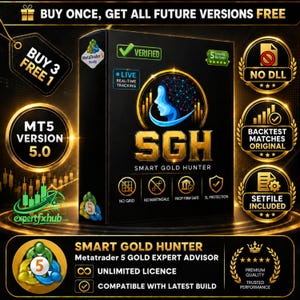 v5.0 Smart Gold Hunter MT5 EA gold trading bot latest version, MQL5 expert advisor, Algo trading bot, ftmo prop firm challenge, Expertfxhub