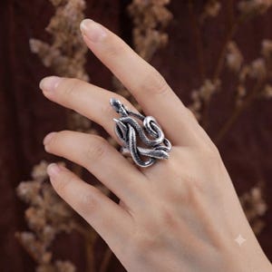Puede incluir: Un anillo de tono plateado con un diseño de serpiente enroscada con escamas texturizadas y una cabeza detallada. El metal tiene un acabado oxidado que resalta los patrones intrincados de la serpiente mientras se envuelve alrededor del dedo.