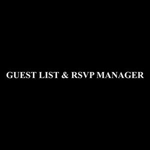 Op de afbeelding: Een zwarte digitale afbeelding met de witte tekst GUEST LIST & RSVP MANAGER in het midden gecentreerd. De typografie is strak, schreefloos en in hoofdletters, en steekt duidelijk af tegen de effen zwarte achtergrond van de afbeelding.