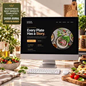 May include: A computer monitor displaying a website titled Savour Journal with the text Every Plate Has a Story. The screen features a circular image of a plated meal, navigation menus, and buttons. A white keyboard and mouse sit in front of the screen.