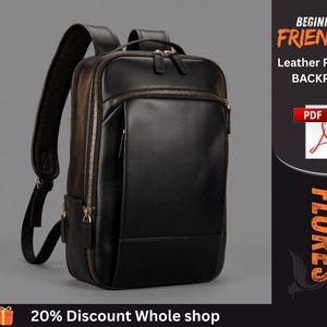 May include: A black backpack with a smooth finish, featuring multiple zippered compartments, adjustable shoulder straps, and a top handle. The image includes text reading BEGINNER FRIENDLY Leather Pattern BACKPACK, a PDF icon, and the word FLORES.