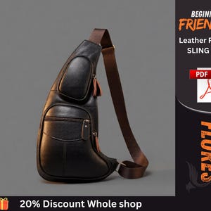 Könnte beinhalten: Eine dunkelbraune Lederschultertasche in Tropfenform mit zwei vorderen Reißverschlusstaschen, einem verstellbaren braunen Schulterriemen und dem Text BEGINNER FRIENDLY Leather Pattern SLING BAG und FLORES.