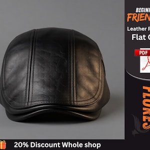 May include: A black leather flat cap with a textured surface and stitched panel details. The image includes text that reads: BEGINNER FRIENDLY Leather Pattern Flat Cap, PDF, and FLORES. The design features a rounded crown and a short, curved brim.