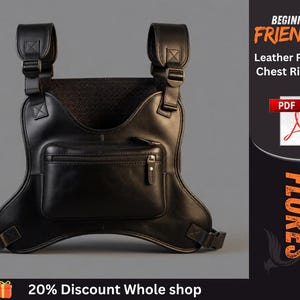 May include: A black leather chest rig bag featuring a central zippered pocket, adjustable shoulder straps with buckles, and a mesh back panel. The text on the right side reads Beginner Friendly Leather Pattern Chest Rig Bag PDF Flores.