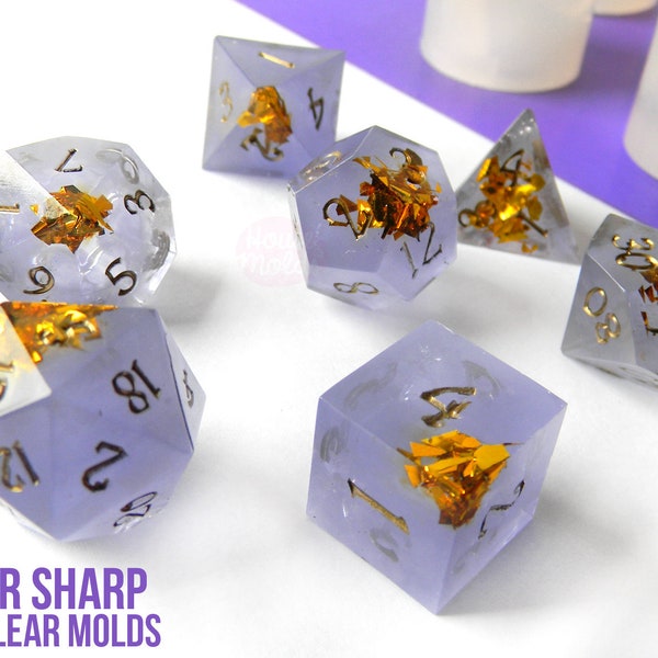 Super Sharp Gamer Dice Set of 7 Clear Silicone Molds - HOUSE OF MOLDS- Role Play Super Sharp edges dice , all sides with numbers engraved