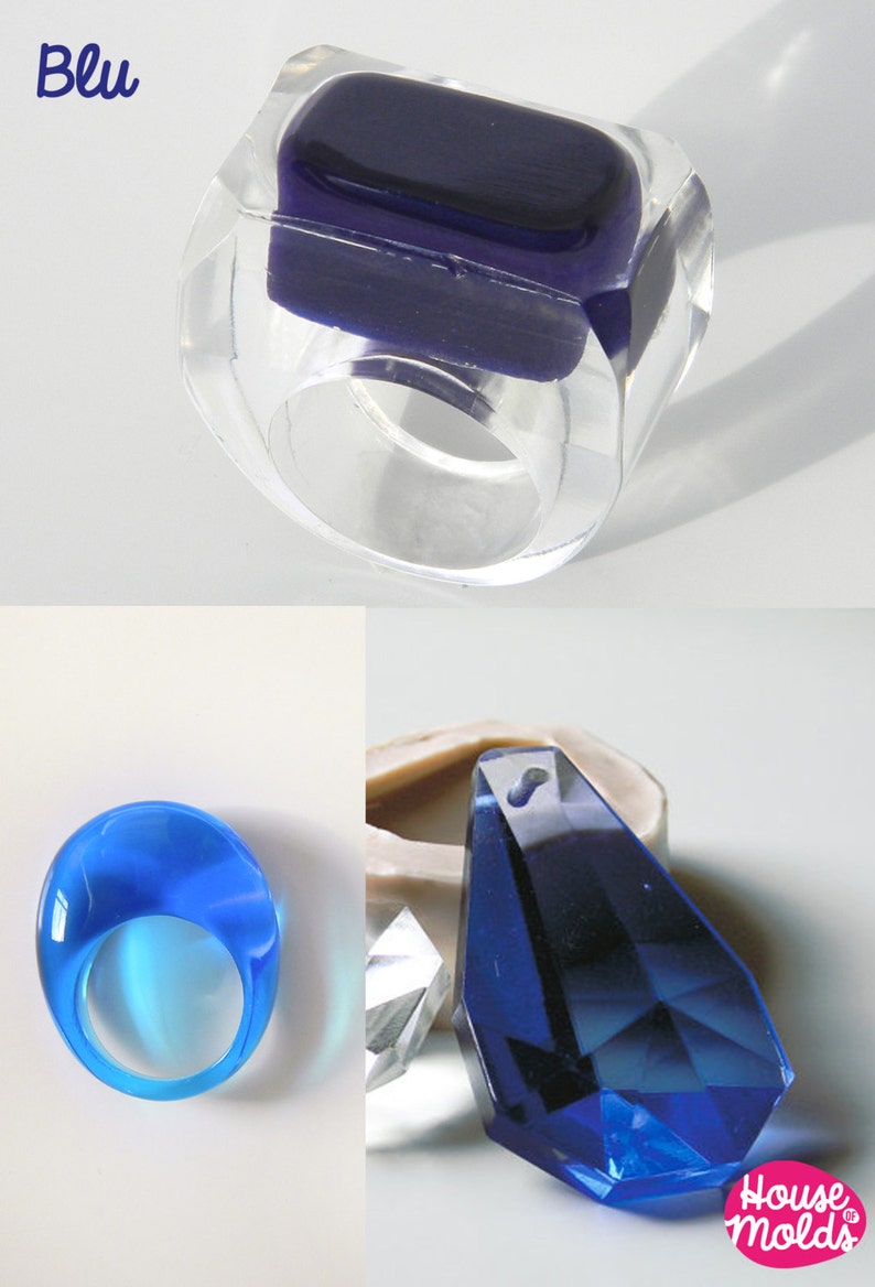 May include: Two resin rings, one clear with a dark blue inset, and one solid blue. The rings are shown next to a silicone mold of a blue crystal pendant.