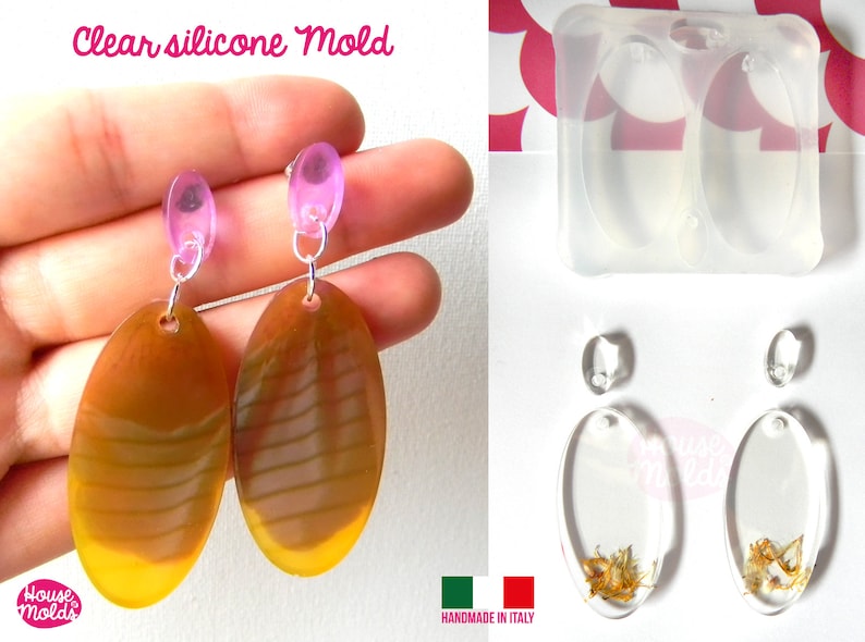 premade hole on top Clear Silicone Mold Oval Flat Earring Set with 4 cavityes perfect for any resin creations!