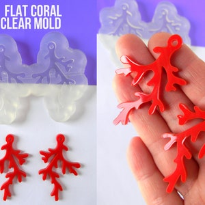 May include: Clear silicone mold for making flat coral-shaped resin earrings. The mold is shown with two finished red resin earrings.
