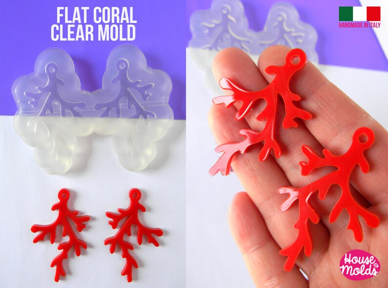 May include: Clear silicone mold for making flat coral-shaped resin earrings. The mold is shown with two finished red resin earrings.