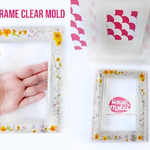 May include: A clear resin mold for making a picture frame. The mold is filled with dried flowers and has a rectangular opening for a photo. The mold is labeled "House Molds" and "Handmade in Italy".