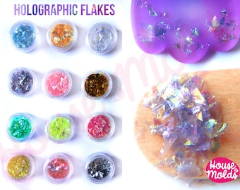 Holographic Flakes set of 12 ,sparkly and with amazing special effects flakes for resin or nail art-Add some magic to your creations!