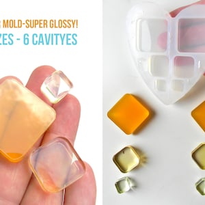 May include: A clear heart-shaped silicone mold with six square cavities of different sizes. The mold is shown with finished resin pieces in various sizes and colors.