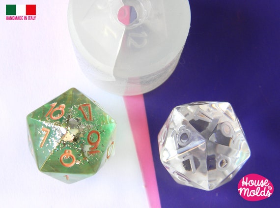 Count Down D20 Dice Clear Silicone Mold size 21 X 21 Mm HOUSE OF MOLDS  Crescent Numbers D20 Super Shiny Surface 