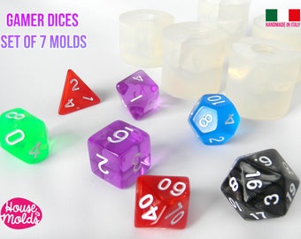 Gamer Dices Set of 7  Clear Silicone Molds - HOUSE OF MOLDS-7 Role Play dices with number engraved silicone clear molds,super shiny surface