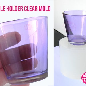 May include: A clear silicone mold for making candle holders. The mold is shown with a purple glass candle holder inside. The mold is made by House of Molds.
