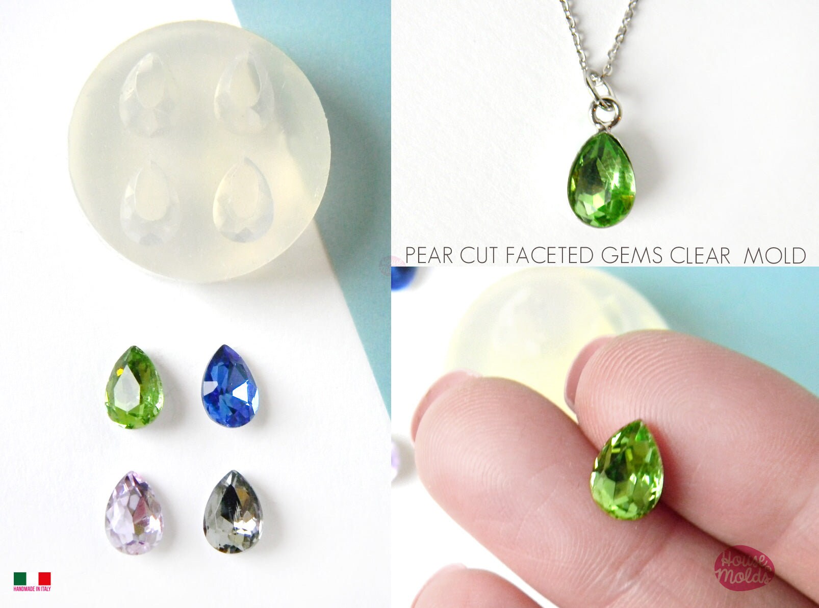 Pear Cut Faceted Gems Mold -  7 x 10 mm - 4 cavities for your precious  keepsakes - super glossy